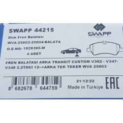 Swapp 44215 FREN BALATASI ARKA TRANSIT CUSTOM V362 - V347-V348 2.2TDCI 12-->ARKA TEK   WVA 25603 Oem BK212M008AA